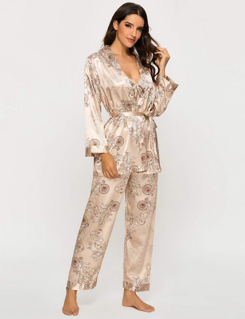 Escalier Women's Silk Satin Pajamas Set 3 Pcs Floral Silky Pj Sets Sleepwear Cami Nightwear with Robe and Pants Camel L - Image 3